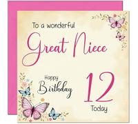 12th Great Niece Birthday Card - Beautiful Butterfly Floral Great Nieces Birthday Card for 12 Year old Kids twelve, twelfth