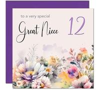 12th Great Niece Birthday Card - Purple Floral Great Niece's Birthday Card for 12 Year old Kids twelve, twelfth