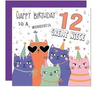 12th Great Niece Birthday Cards - Childrens Cute Cat Great Niece Birthday Card for 12 Year old Kids twelve, twelfth