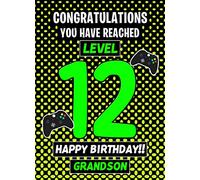12th Level Gamer Birthday Card (Grandson) - From Grandad Grandma Greeting Gift Keepsake Blank Inside Hobby Theme Premium Quality Envelope Included UK Seller