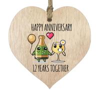 12th Wedding Anniversary Plaque Gift for Husband Wife - 12 Years Together - Happy 12 Year Anniversary Wooden Heart for Women Men Partner, Light Wood Sign Keepsake Gifts