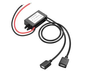 12V 24V DC to 5V 3A 15W Dual USB Female Power Converter ，DC-DC Step Down Power Adapter,Waterproof Buck Module Power Adapter for Car,LED lights,and All Kind of DIY30cm/1ft(Double USB Female)