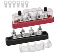 12V - 48V DC 100 Amp Power Distribution Block Bus Bar Terminal Block, 4 x 3/16" post terminals With Cover for Cars RVs Ships Yachts(Pair, Red & Black)