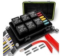 12V Auto Waterproof Fuse Relay Box Block Kit w/ 12AWG + 16AWG Pre-Wired Harness [6 Bosch Style Relays & 10 Fuses Included] Universal Relay Panel for DC Automotive Vehicles Cars Marine Boat Jeep