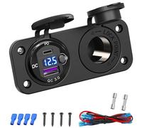 12V Cigarette Lighter Socket Panel: Dual Quick Charge 3.0 USB 300W Waterproof Adapter Demultiplexer with Built-in Switch, 15A Fuse, and Voltmeter(Deep black)