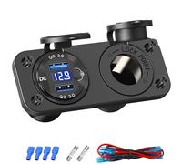12V Cigarette Lighter Socket Panel: Dual Quick Charge 3.0 USB 300W Waterproof Adapter Demultiplexer with Built-in Switch, 15A Fuse, and Voltmeter(Pure black)