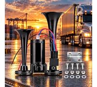 12V Dual Trumpet Truck Air Horn, for Volkswagen Crafter Single Cab | Black dual trumpet truck horn with integrated 12V compressor, connected wiring, reinforced base and prominent warning sound.