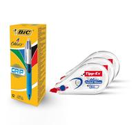 12x 4 Colours Grip Ballpoint Pens & Tipp-Ex Mini Correction Tapes Pack of 3 Bic Multi One Size