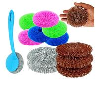 12x Kitchen Scourer Set - Non Scratch Handled Scourers with Refill Copper Mesh PP Pads & Steel Scrubbers - Heavy Duty Cleaning Tools for Pots Pans Grills Cookware