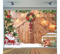 12x10FT Christmas Backdrop Christmas Photo Barn Wood Door Xmas Tree Snow Scene Gift Wall Floor Photography Background Family Winter Holiday New Year Party Decorations Banner Photo Booth Props