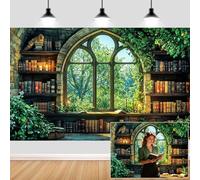 12X10ft Vintage Forest Bookshelf Backdrop Retro Green Forest Library Window Photography Background Photo Studio Props for The World Book Day Birthday Party Decor