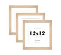 12x12" Oak Square Frame With Mount for 10x10" Pictures 28mm Edge Frame Display with Wall Hooks and Kickstand, 3 Pack