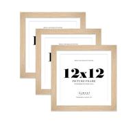 12x12" Oak Square Frame With Mount for 11x11" Pictures 28mm Edge Frame Display with Wall Hooks and Kickstand, 3 Pack
