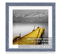 12x12 Picture Frames Wood Distressed Blue Display Pictures 10x10 or 8x8 with Mat or 12x12 without Mat - 12x12 Inch Square Photo Frames with 2 Mats for Wall or Tabletop Mount, 1 Pack