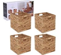 12x12in Storage Baskets Set of 4 Water Hyacinth Baskets,Foldable Handwoven Storage Cubes,Wicker Cube Baskets Laundry Organizer Totes for Home