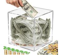 12x12x12cm Clear Acrylic Money Box, Unopenable Piggy Bank for Adults, Must Break to Open Square Saving Boxes, Unbreakable Savings Jar, Transparent Change Pot for Storing Coins, Cash, Notes and Bills