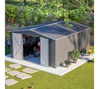 (12X14FT, Grey) BIRCHTREE Garden Shed Metal Apex Roof Outdoor Storage With Free Foundation