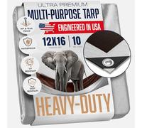 12x16 Heavy Duty Tarp, 10 Mil Thick, High Durability, Tear & Fade Resistant, UV Treated, Grommets Every 18 Inches (12' x '16')