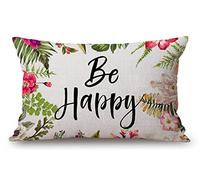 12x20 Inches Pillow Covers Rustic Farmhouse Decor Be Happy Pillowcases Cotton Linen Inspirational Quotes with Colorful Flowers Throw Pillow Case Cushion Cover for Sofa Couch Bedroom