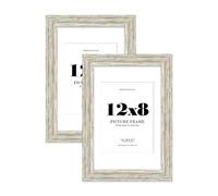 12x8" Distressed White Oak Picture Frame with 8x6" Mount - Rustic Photo Frame with Distressed Finish, Wall Hooks and Kickstand, 32mm Edge - 2 Pack