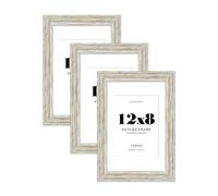 12x8" Distressed White Oak Picture Frame with 8x6" Mount - Rustic Photo Frame with Distressed Finish, Wall Hooks and Kickstand, 32mm Edge - 3 Pack