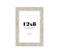 12x8" Distressed White Oak Picture Frame with 8x6" Mount - Rustic Photo Frame with Distressed Finish, Wall Hooks and Kickstand, 32mm Edge - 1 Pack