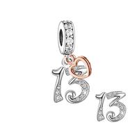 13 13th Birthday Number Rose Gold Love You Heart Bead Pendant 925 Sterling Silver Dangle Compatible With Pandora Moments Charm Bracelet