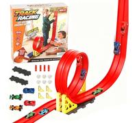 13/16Ft Flexible Race Track - DIY Racetrack Racing Toy with Suction Cups, Compatible with Hot Wheels Track & 4 Small Racecars, Roll-Up Portable Racetrack for Ages 3+ (16.4 Ft / 5m,Red)