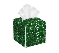 13.2cm Leather Tissue Box Cover,Square Green Sequin Sparkle Print Decorative Holder,Waterproof Facial Tissue Case for Bathroom,Vanity Napkin Case