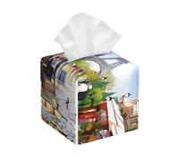 13.2cm Leather Tissue Box Cover,Square Paris Street Scene Eiffel Tower Print Decorative Holder,Waterproof Facial Tissue Case for Bathroom,Vanity Napkin Case