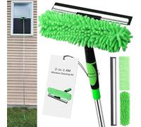 13.2Ft Extendable Window Cleaner, 2-in-1 Window Cleaning Equipment, Telescopic Long Window Cleaning Tool for High Windows, Home and Office Use, with 2 Microfiber Cloth & Squeegee Blade (Green)