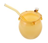 13.2oz Bee Glass Mug with Straw for Coffee Tea Milk Dessert Ice Cream | 390ml Yellow Curved Design, Honeycomb Accent, Hot or Cold Drinks, Pudding, Latte, Cafe Use or Camping