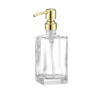 13.5 Oz Clear Glass Soap Dispenser with Rust Proof Stainless Steel Pump, Antique Design Refillable Square Lotion Dispenser for Bathroom, Premium Kitchen Hand Soap (Gold)