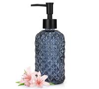 13.5oz Glass Soap Dispenser with Plastic Pump, Diamond Design Refillable Hand Soap Dispenser for Hand Wash, Bathroom and Kitchen (Blue Grey)