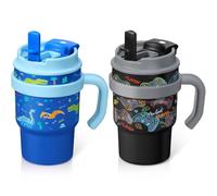 13.5oz Kids Insulated Tumbler with Straw,2 Pack Kids Insulated Water Bottle Stainless Steel Double Wall Vacuum Tumbler with 2 in 1 Sip/Swig Lids,Leak Proof Water Bottle for School(Dinasour+Gamepad)