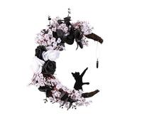 13.7inch Black Halloween Wreaths for Front Door with Lights, Halloween Moon Wreath with Black Cat Rose, Halloween Door Wreath Gothic Wreath Decorations