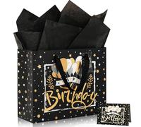 13" Birthday Gift Bag with Tissue Paper and Greeting Card, Large Black and Gold Gift Bag for Birthdays, Gold Foil Birthday Bag for Girls Boys Men Women, 13" x 10.2" x 4.7"