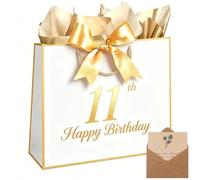 13" Birthday Gift Bag with Tissue Papers Card, Designed with Handles for Women Men Kids, 1st -100th (White, 11th)