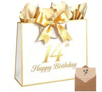 13" Birthday Gift Bag with Tissue Papers Card, Designed with Handles for Women Men Kids, 1st -100th (White, 14th)