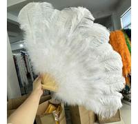 13 Bones Ostrich Feather Fan 90cm*60cm Vintage Folding Burlesque Fans Bellydance Customized Colourful Crafts Fan with Feathers-Ivory White-Left Hand