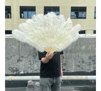 13 Bones White Ostrich Feathers Fan 130CM for Carnival Stage Performance Dancer Props Fluffy Ostrich Feather Hand Folding Fan-Light Yellow-Big Fan 2PCS