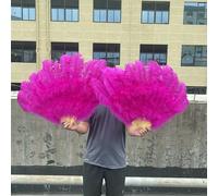 13 Bones White Ostrich Feathers Fan 130CM for Carnival Stage Performance Dancer Props Fluffy Ostrich Feather Hand Folding Fan-Rose Pink-Big Fan 2PCS