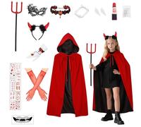 13 Devil Costume Children's Halloween Vampire Costume Set, 90/120 cm Double-Sided Vampire Cape with Teeth & Devil Horns & Stick, Halloween Costume Girls Devil Vampire Cape Accessory Fancy Dress Theme