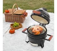 13 Inch Ceramic BBQ Charcoal Grill 32cm Grill Size 20mm Thick Walls, Built-In Thermometer, Freestanding, Kamado Style Smoker for Garden Patio Outdoor Cooking, Black