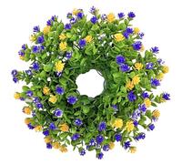 13 Inch Floral Wreath for Front Door, Spring Summer Decoration with Eucalyptus and Ranunculus, Indoor Outdoor Decor Purple and Yellow