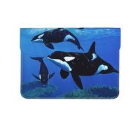13-inch Leather Laptop Sleeve, Killer Whales Swim Along Print Slim Shockproof Insertion Design Laptop Case for Office, School, Travel