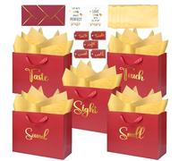 13'' Large 5 Senses Gift Bags for Him Her with Labels Envelopes and Cards, Gold Foil Sight Smell Touch Taste Sound Gift Bags with Tissue Handle for Birthday, Anniversary, Mother's Day, Valentine's Day