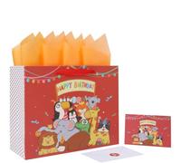 13'' Large Baby 1st 2nd Birthday Gift Bag Set with Handles, Greeting Card, Tissue Papers and Stickers for Baby Boy Girl Kids for 1st 2nd 3rd Birthday Party, Kid's Birthday Party, Animal Birthday