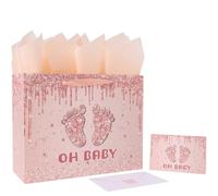 13” Large Baby Girl Gift Bag Set with Handles, Greeting Card, Orange Tissue Papers and Stickers for Boys Kids for Baby Shower, Girls' Birthday Party, Newborn, New Moms, Little One, 1st Baby