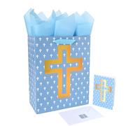 13" Large Blue Gift Bag Set with Greeting Card and Tissue Papers (Foil Cross Design), Tissue Paper for First Communions, Halloween, Christmas, Baby Boy Baptisms, Christenings, Religious